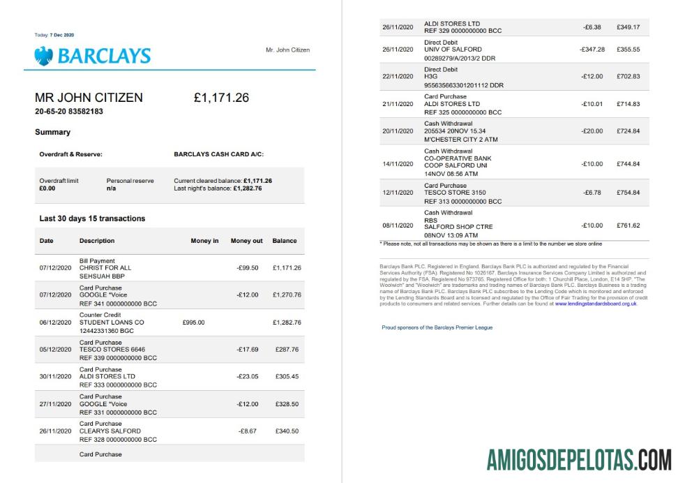 Modelo de extrato bancário do Barclays do Reino Unido para impressão em formato Word e PDF, versão 3 (2 páginas)